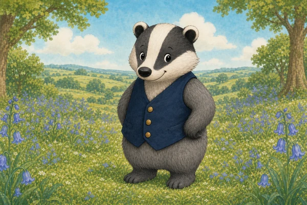 Barnaby the Badger in a navy waistcoat