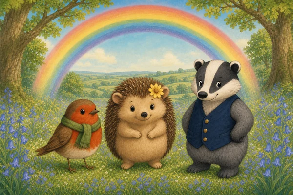 Cover of Pip's Rainbow Song showing friends under a rainbow
