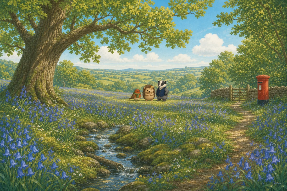 Mossbank Meadow with oak tree, bluebells and a mossy stream in the English countryside
