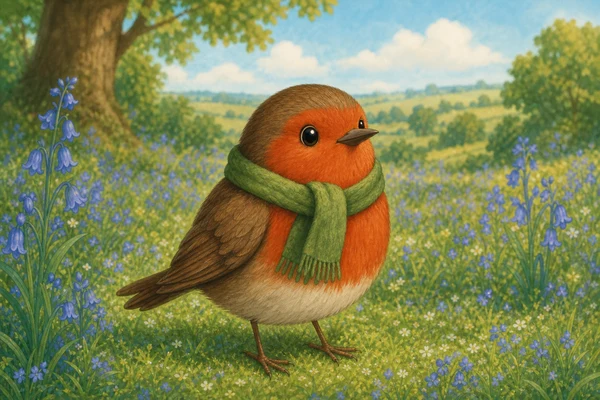 Pip the Robin wearing a tiny green scarf