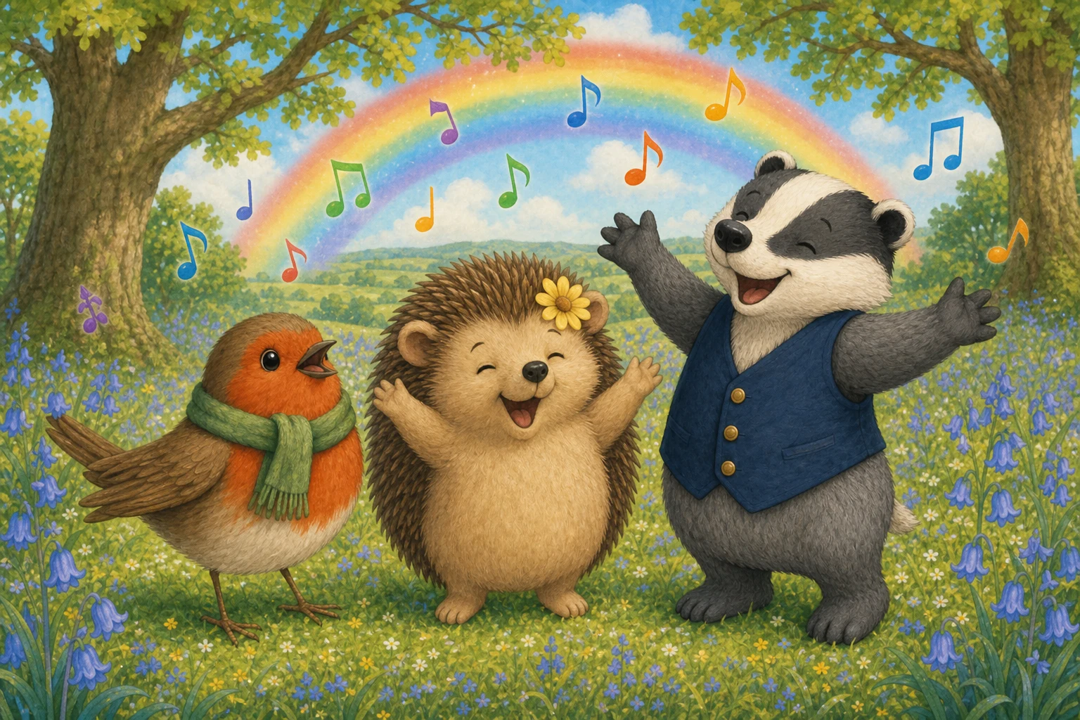 Friends singing under a rainbow