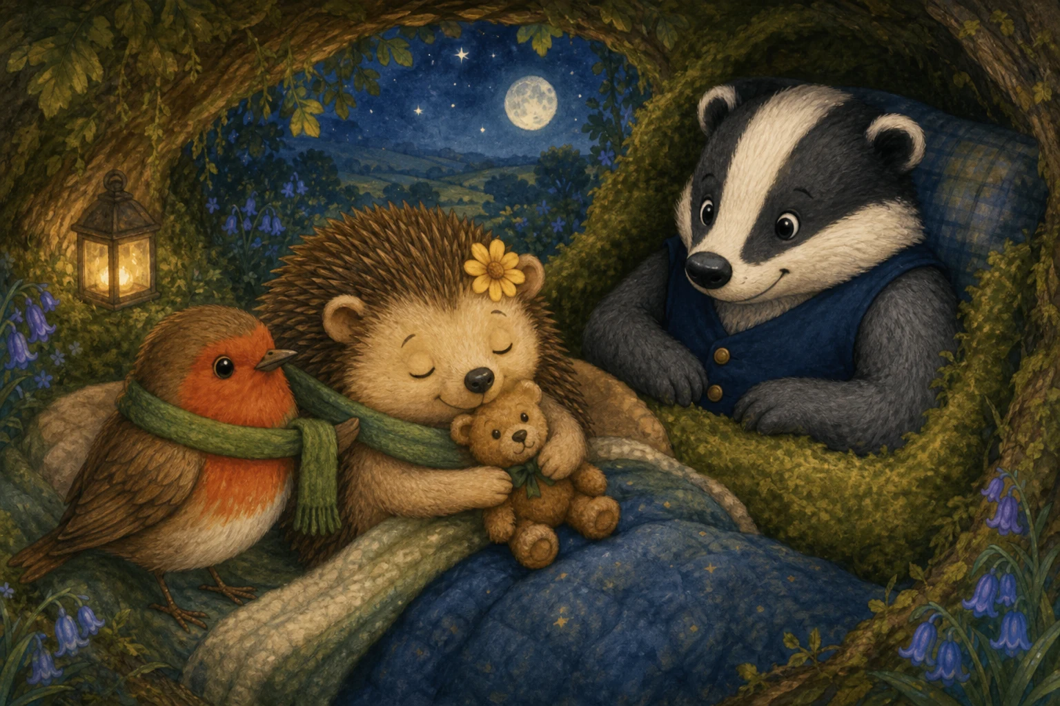 Cuddly friends tucked in bed